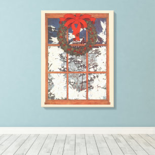 Impressão Em Tela Coroa de Natal Vintage em uma Janela com Neve