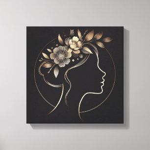 Impressão Em Tela Coroa Floral Dourada Arte de Silhueta Feminina
