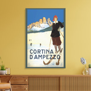 Impressão Em Tela Cortina d'Ampezzo, Itália, Esqui de Viagem Antiga 