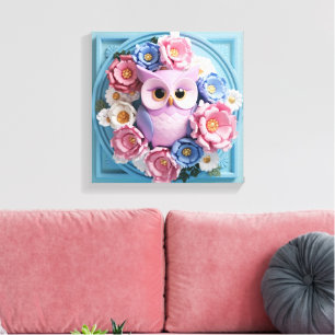 Impressão Em Tela Coruja Elegante com Acentos Florais - Rosa Suave