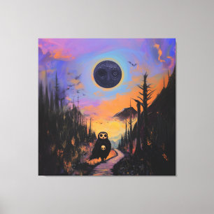Impressão Em Tela Coruja Negra Lua Mística Magica Testemunha Arte AI