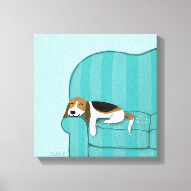 Impressão Em Tela Couch Beagle Feliz | Cachorro-dormente | Arte Pet (Frente)