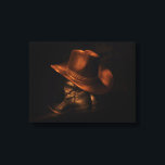 Impressão Em Tela Cowboy Chapéu e Couro Boots Masculina Russa<br><div class="desc">Um par de botas pretas de cowboy de couro fica no chão com um chapéu marrom de cowboy enfiado sobre o topo.</div>