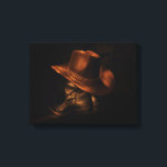 Impressão Em Tela Cowboy Chapéu e Couro Boots Masculina Russa<br><div class="desc">Um par de botas pretas de cowboy de couro fica no chão com um chapéu marrom de cowboy enfiado sobre o topo.</div>