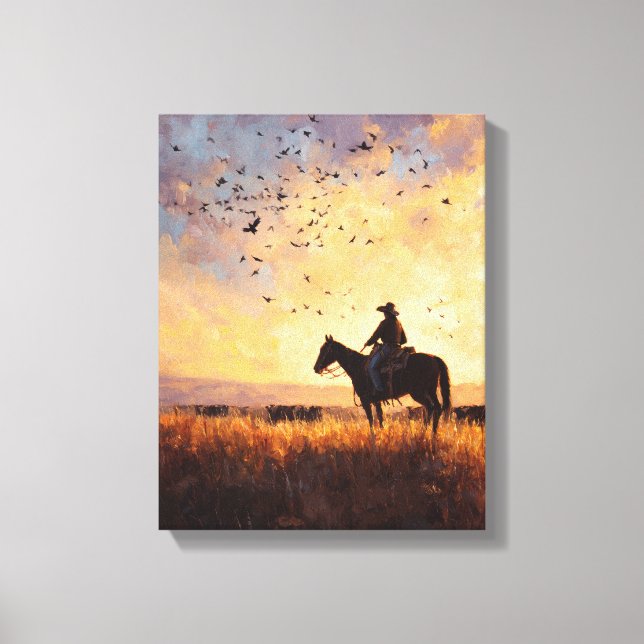 Impressão Em Tela Cowboy Sunset Ride Silhouette Painting (Frente)