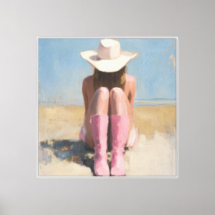 Impressão Em Tela Cowgirl costeira sentou-se em uma praia com um cha