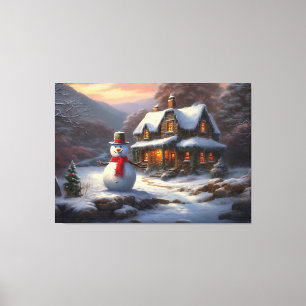 Impressão Em Tela Cozy Christmas Cottage & Snowman Vintage Winter