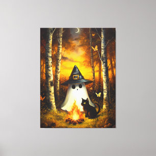Impressão Em Tela Cozy Halloween Ghost & Black Cat Campfire