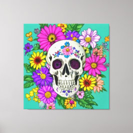 Impressão Em Tela crânio colorido com flores 