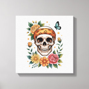Impressão Em Tela Crânio Floral Halloween Assustador