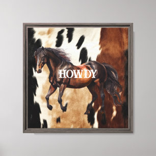 Impressão Em Tela Cream Brown Cowhide Howdy Horse