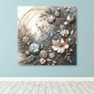 Impressão Em Tela Creme Teal Floral Botânico Escultural 3D