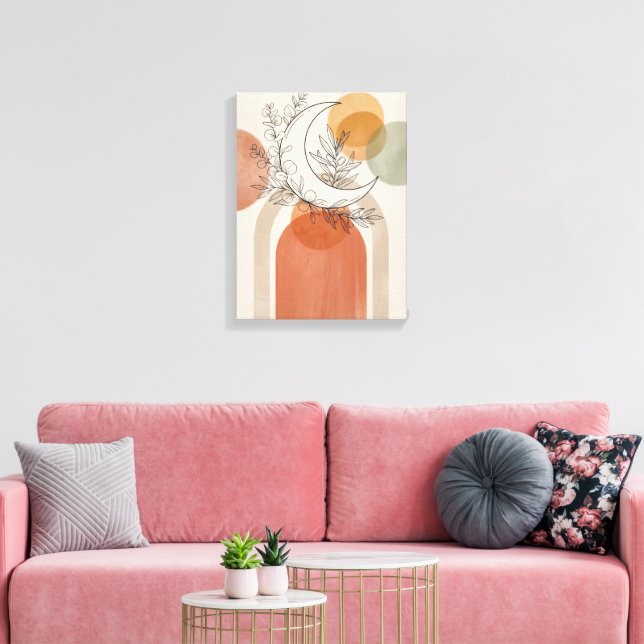 Impressão Em Tela Crescente Boho Lua e Ramo de Oliveira (Insitu(Sala de estar))