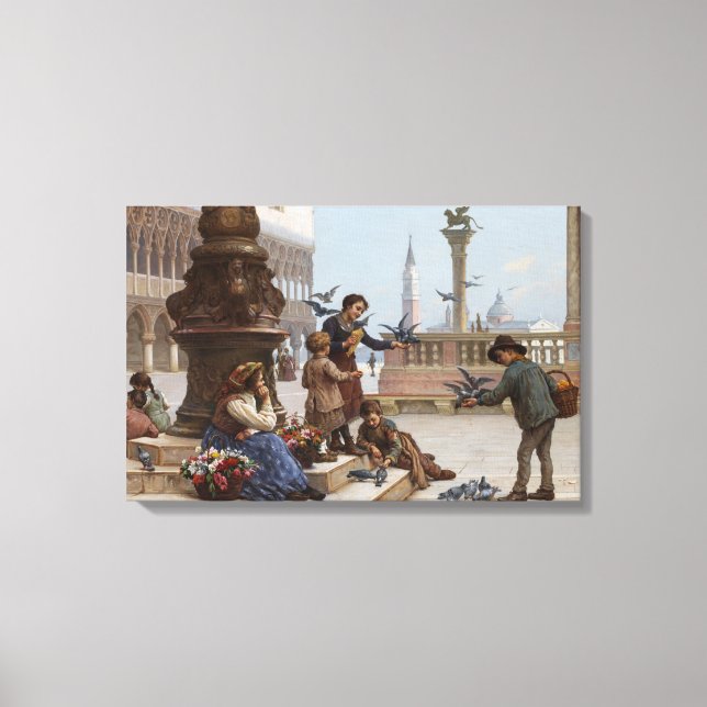 Impressão Em Tela Crianças alimentando pombos em Veneza (por Paolett (Frente)