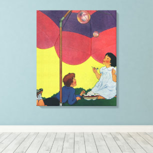 Impressão Em Tela Crianças Antigas Sopram Bolhas Sob um Guarda-Chuva