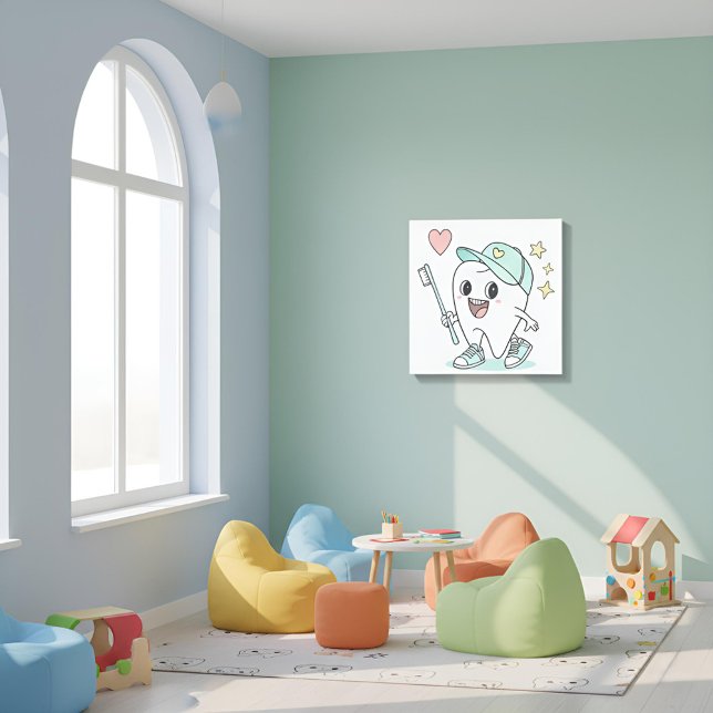 Impressão Em Tela Crianças Arte Clínica Dental ("Cheerful Kids Dental Clinic Canvas Print – Brighten Your Pediatric Office with Fun, Playful Tooth )