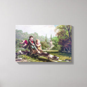 Impressão Em Tela Crianças e cão que perseguem uma pintura do