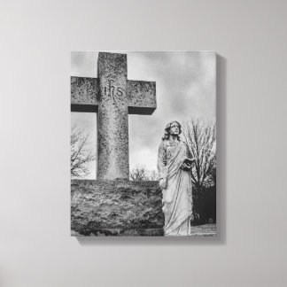 Impressão Em Tela Crucifixo e anjo em preto e branco