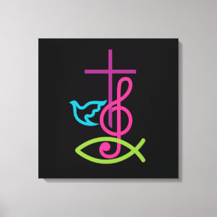Impressão Em Tela Cruz Cristã Colorida com Música Nota e Peixe