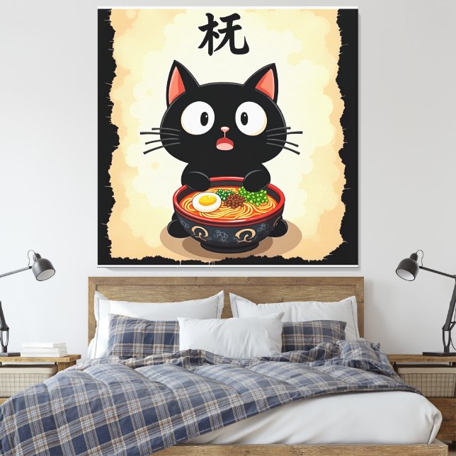 Impressão Em Tela  Cute Black Cat Ramen – Kawaii Japanese Noodle Art (Insitu(Quarto))