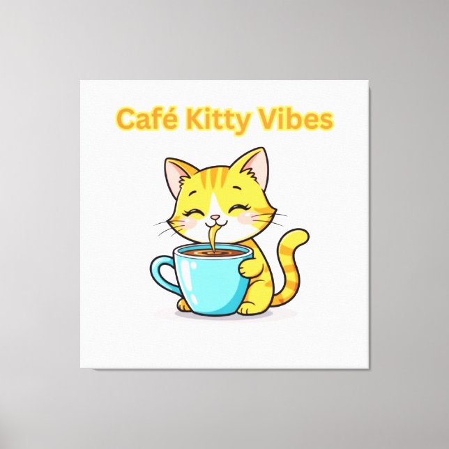 Impressão Em Tela **Cute Coffee Cat – Adorable Cat Drinking Coffee I (Frente)