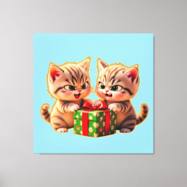 Impressão Em Tela **Cute Kittens Fighting Over a Gift – Funny Christ (Frente)