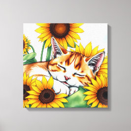 Impressão Em Tela Cute Napping Kitten and Sunflowers