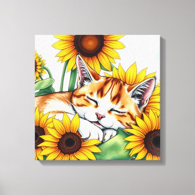 Impressão Em Tela Cute Napping Kitten and Sunflowers (Frente)