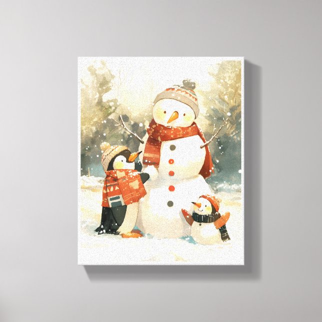 Impressão Em Tela Cute Penguins & Snowman – Cozy Winter Watercolor (Frente)