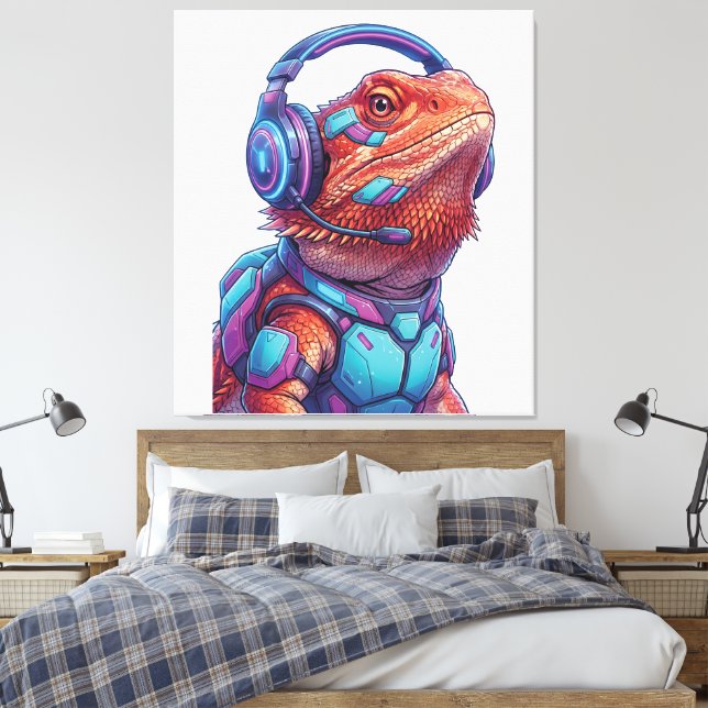 Impressão Em Tela Cyberpunk Bearded Dragon - Gamer Lizard with Heads (Insitu(Quarto))