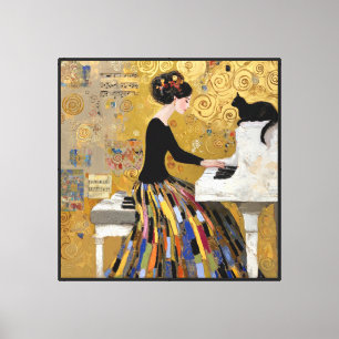 Impressão Em Tela Dama do Piano Klimt Dourado com Gato Preto