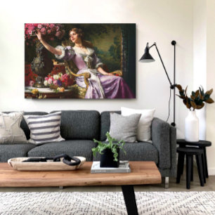 Impressão Em Tela Dama Vintage Em Vestido Lilíaco Rosa E Rosa verme