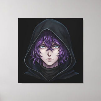 Impressão Em Tela Dark Hoodie Anime Boy with Purple Hair