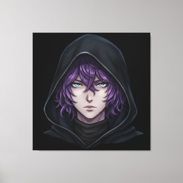 Impressão Em Tela Dark Hoodie Anime Boy with Purple Hair (Frente)