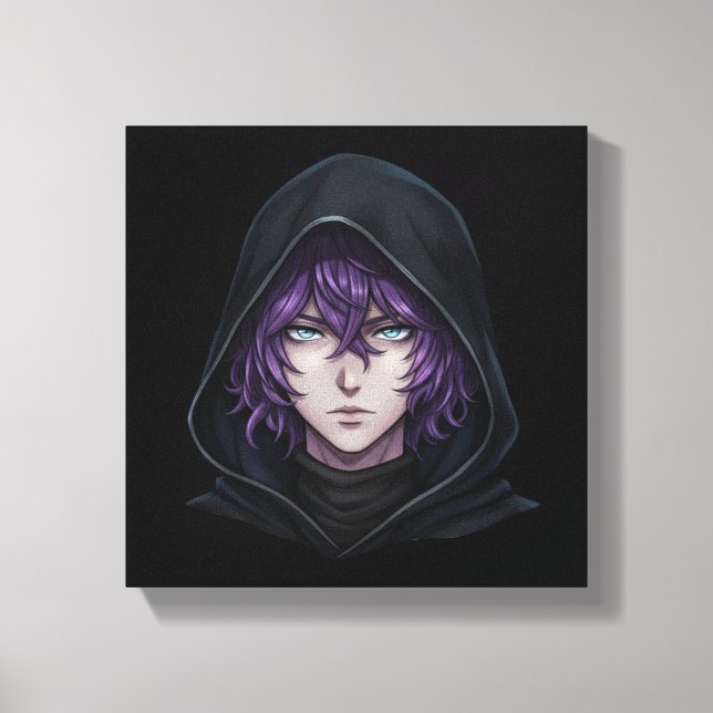 Impressão Em Tela Dark Hoodie Anime Boy with Purple Hair (Frente)