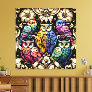 Impressão em Tela de Corujas Arco-íris Art Déco