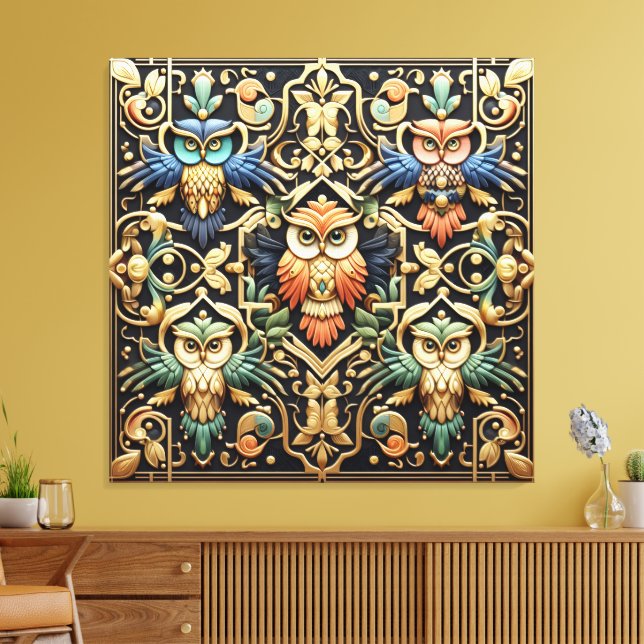Impressão em Tela de Corujas Arco-íris Art Déco (Insitu(Sala de estar))