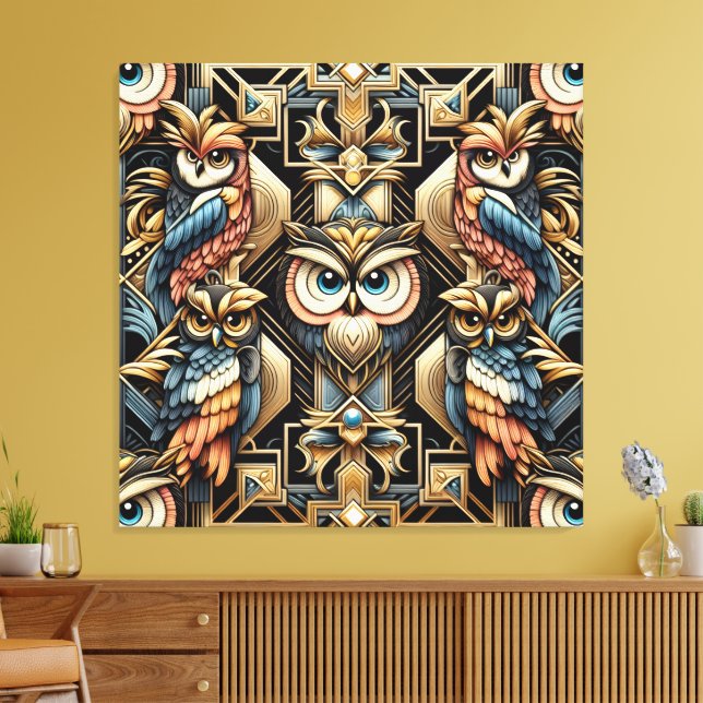 Impressão em Tela de Corujas Arco-íris Art Déco (Insitu(Sala de estar))