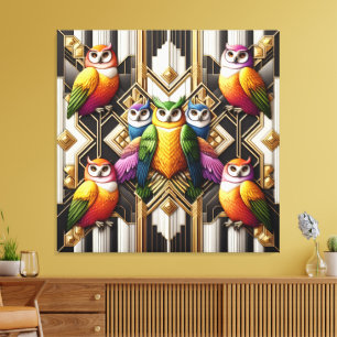 Impressão em Tela de Corujas Arco-íris Art Déco