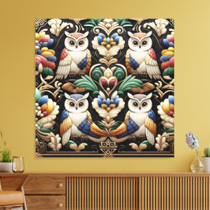 Impressão em Tela de Corujas Arco-íris Art Déco