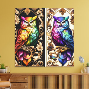 Impressão em Tela de Corujas Arco-íris Art Déco
