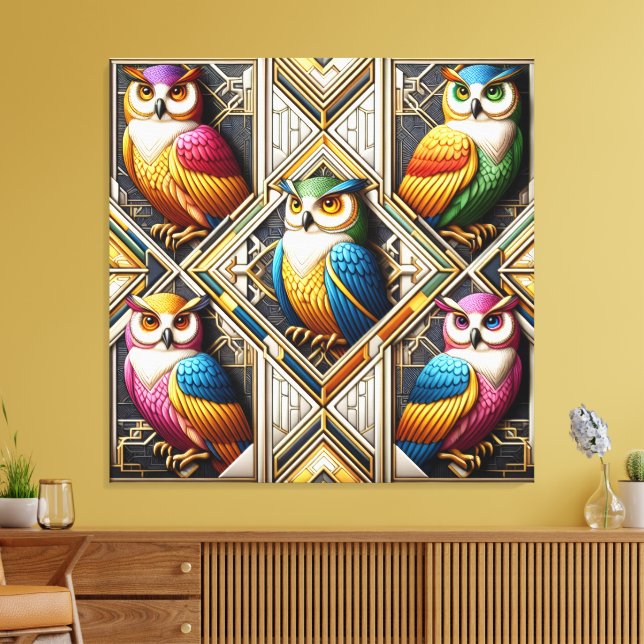 Impressão em Tela de Corujas Arco-íris Art Déco (Insitu(Sala de estar))
