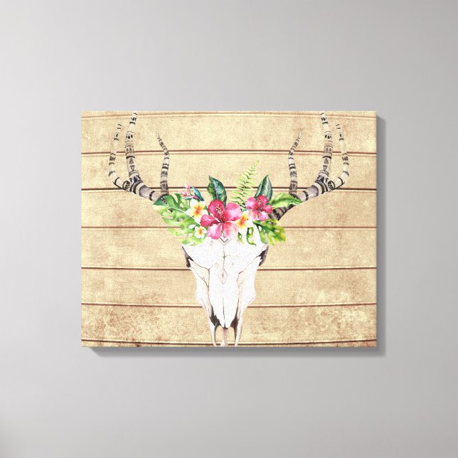 Impressão em Tela de Madeira Boho Crânio Tropical (Frente)