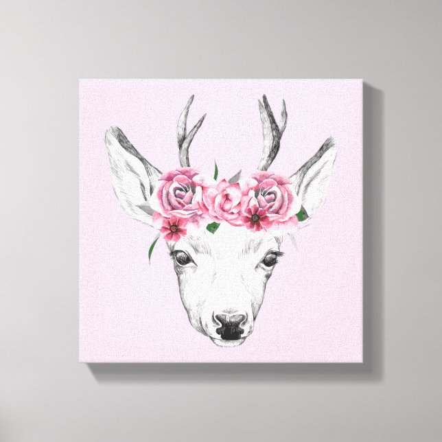 Impressão Em Tela Deer de Flores de Aquarela (Frente)