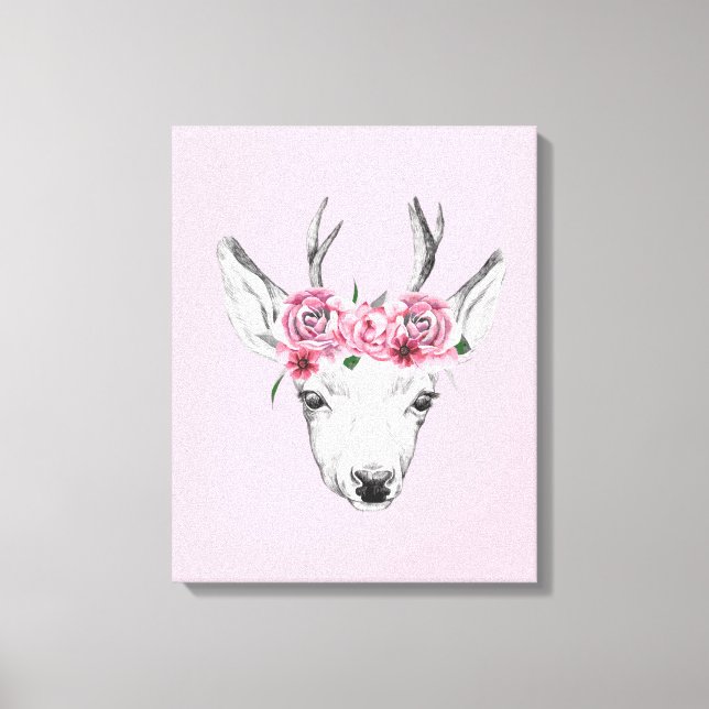Impressão Em Tela Deer de Flores de Aquarela (Frente)