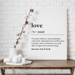 Impressão Em Tela Definição de amor personalizada com dicionário de<br><div class="desc">Crie um sotaque caseiro comovente e personalizado com esta única impressão de tela de alta qualidade: uma definição de amor com nomes personalizados. Você pode apresentar o nome da família ou os nomes dos casais ou até mesmo os nomes das crianças abaixo. Digitalização negra minimalista, design simples e limpa. Personalize...</div>