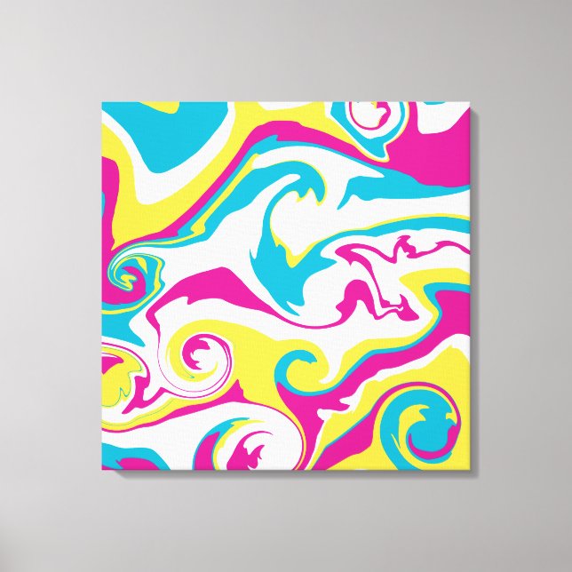 Impressão Em Tela Derramar - Turquesa, Amarelo, Rosa e Branco (Frente)