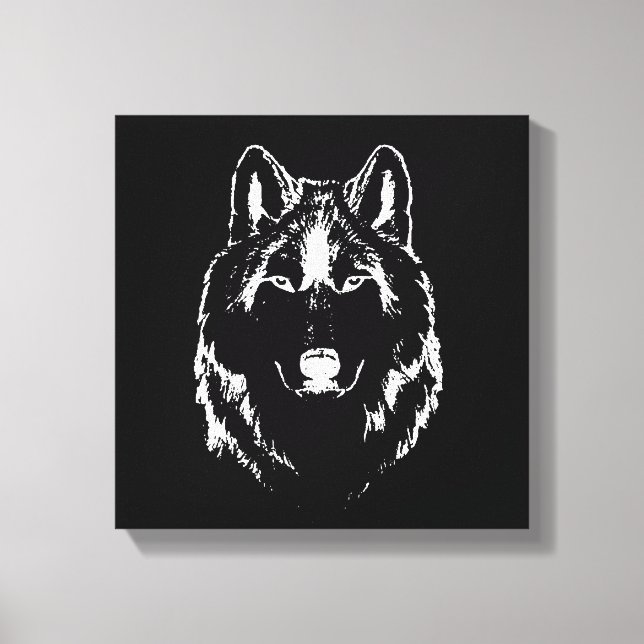 Impressão Em Tela Desenho Da Cabeça Do Lobo Negro E Branco Engraçado (Frente)