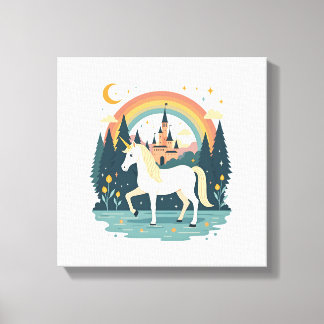 Impressão Em Tela Desenho de Fantasia de Unicórnio Arco-íris Vintage