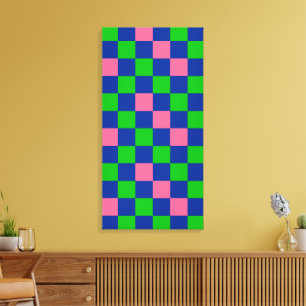 Impressão Em Tela Desenho de padrão xadrez azul verde rosa